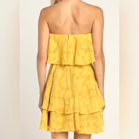 Lulus True Lover Mustard Yellow Burnout Floral Strapless Mini Dress Womens M NWT - Picture 7 of 10